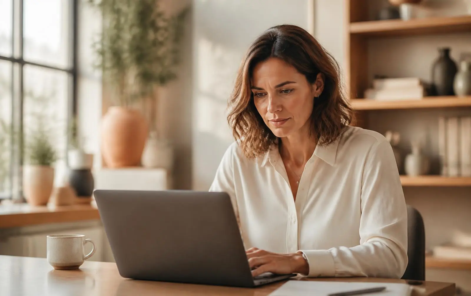 Dirigeante analysant les performances de son site web à son bureau