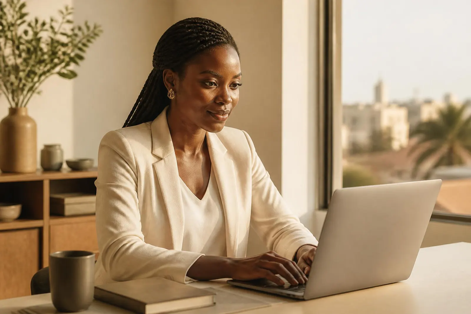 Dirigeante travaillant sur son ordinateur dans un bureau lumineux à Dakar