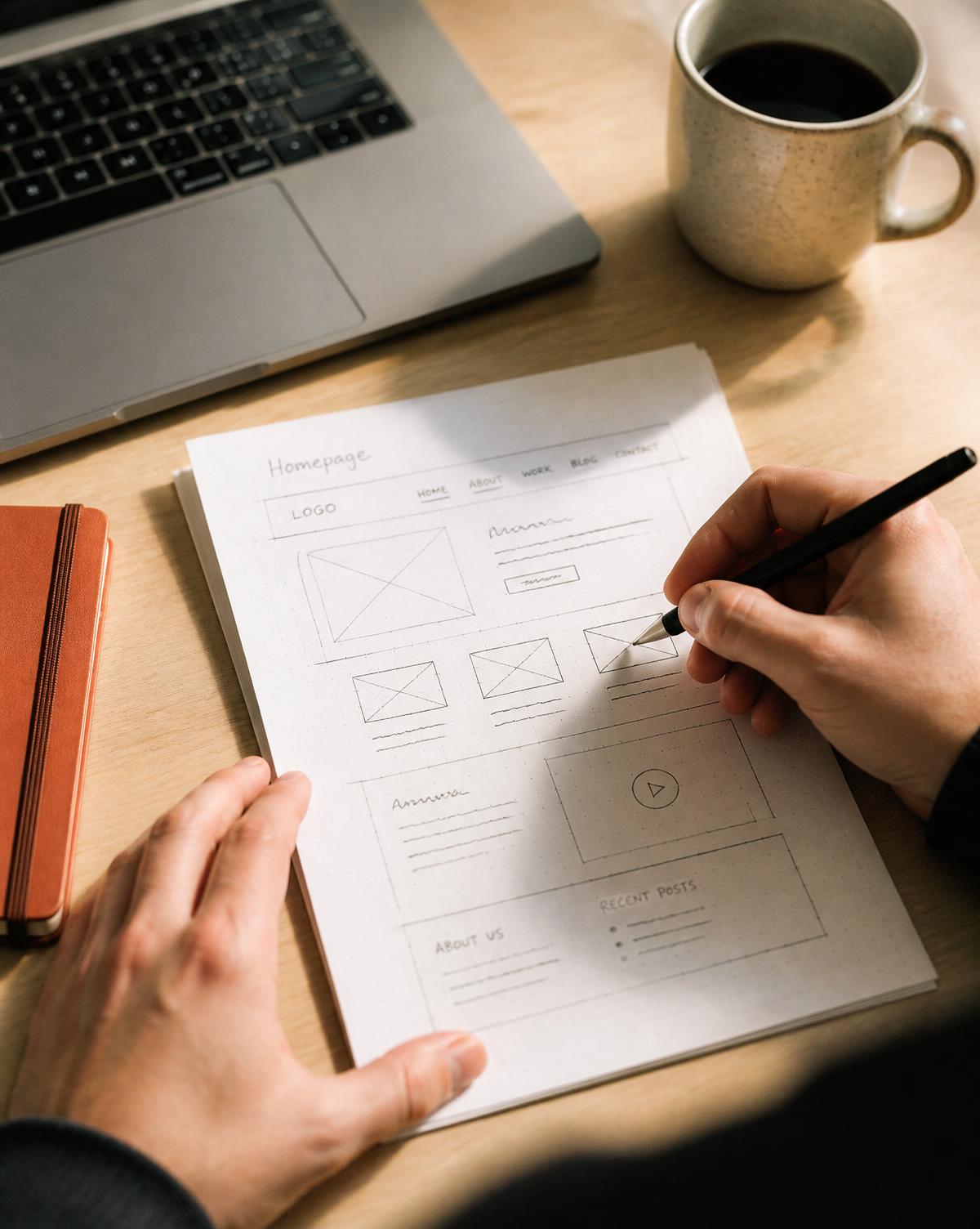 Plan d'un site web dessiné à la main avant la production