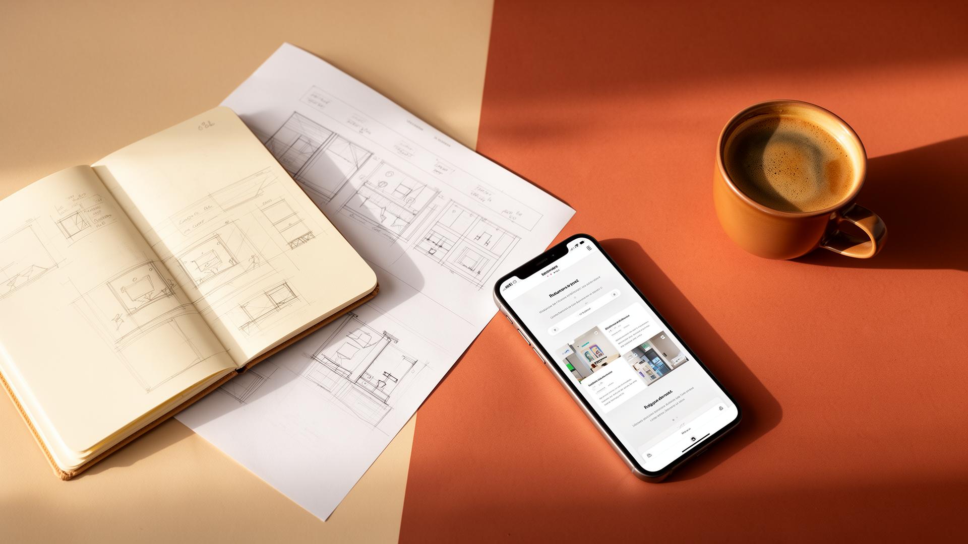 Mesa de diseñador en Dakar con wireframes y maqueta de sitio web en smartphone